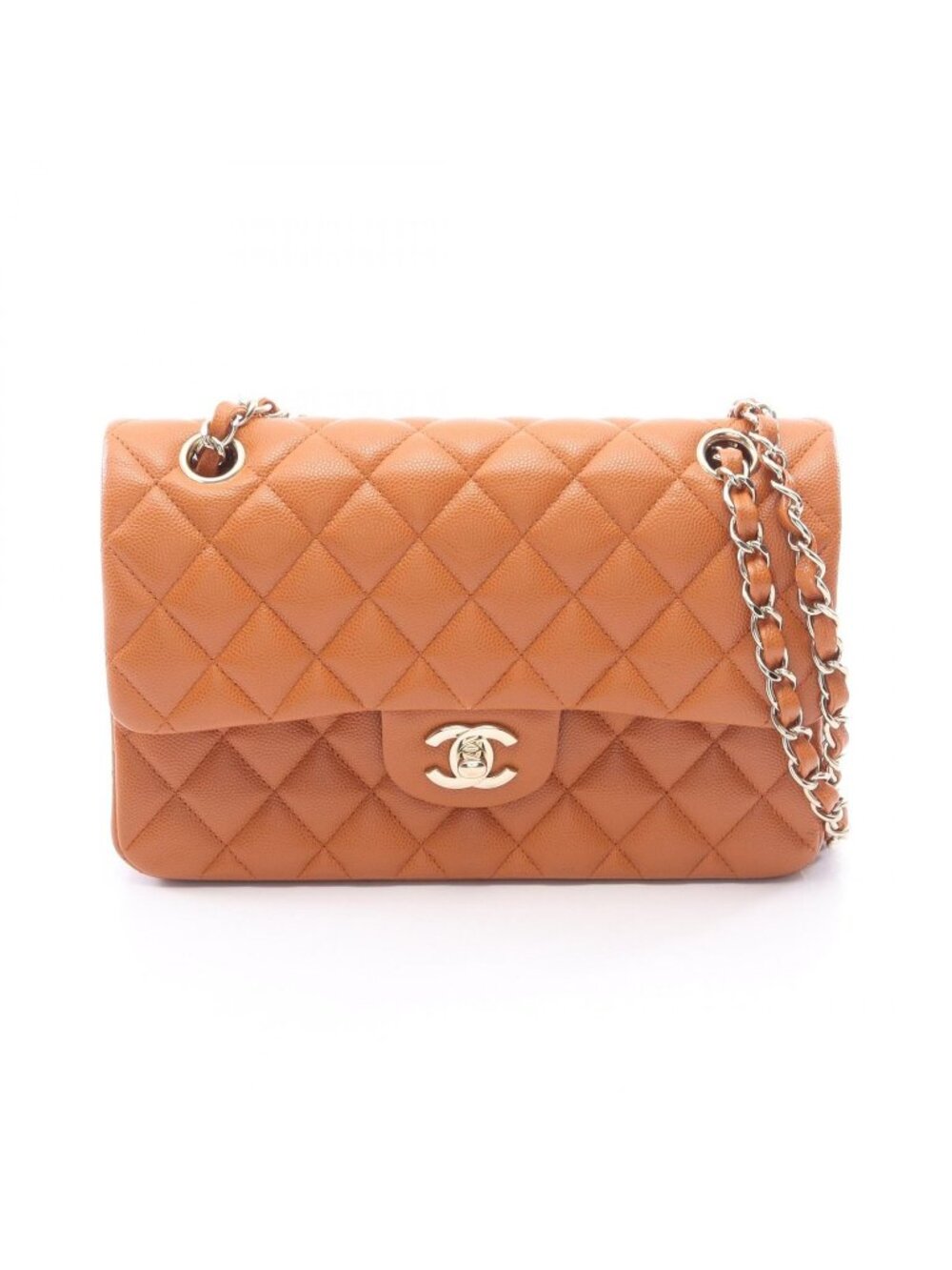 Chanel Shoulder Bag Quilted Double Flap Camel Caviar Leather Chain